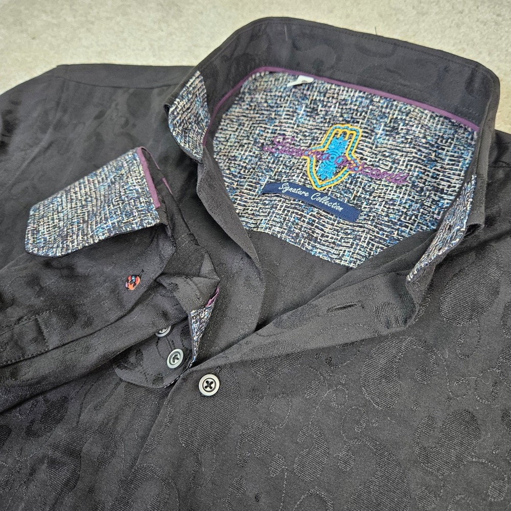 Mens Luchiano Visconti Button Down Shirt Black Paisley Woven Cotton Quiet Luxury